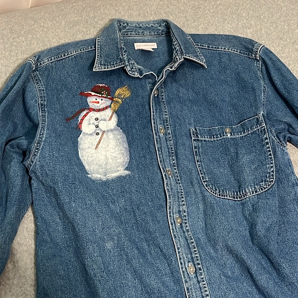 Y2K Denim Button Top Shirt Womens Medium Painted Snowman Boho Country Winter - Picture 10 of 10